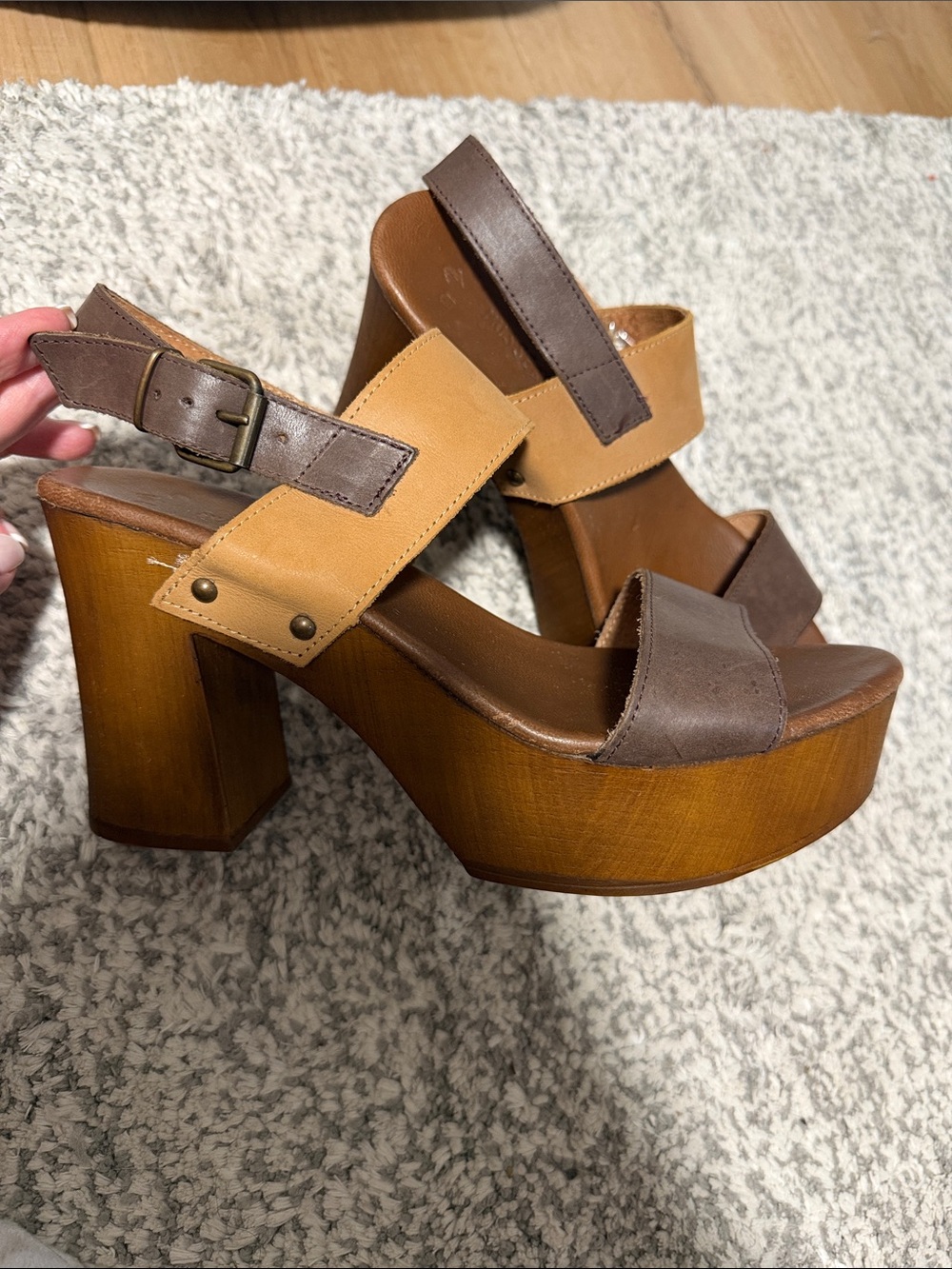 Musse & Cloud Brown and Tan Platform Sandals - Chunky Wood Heel